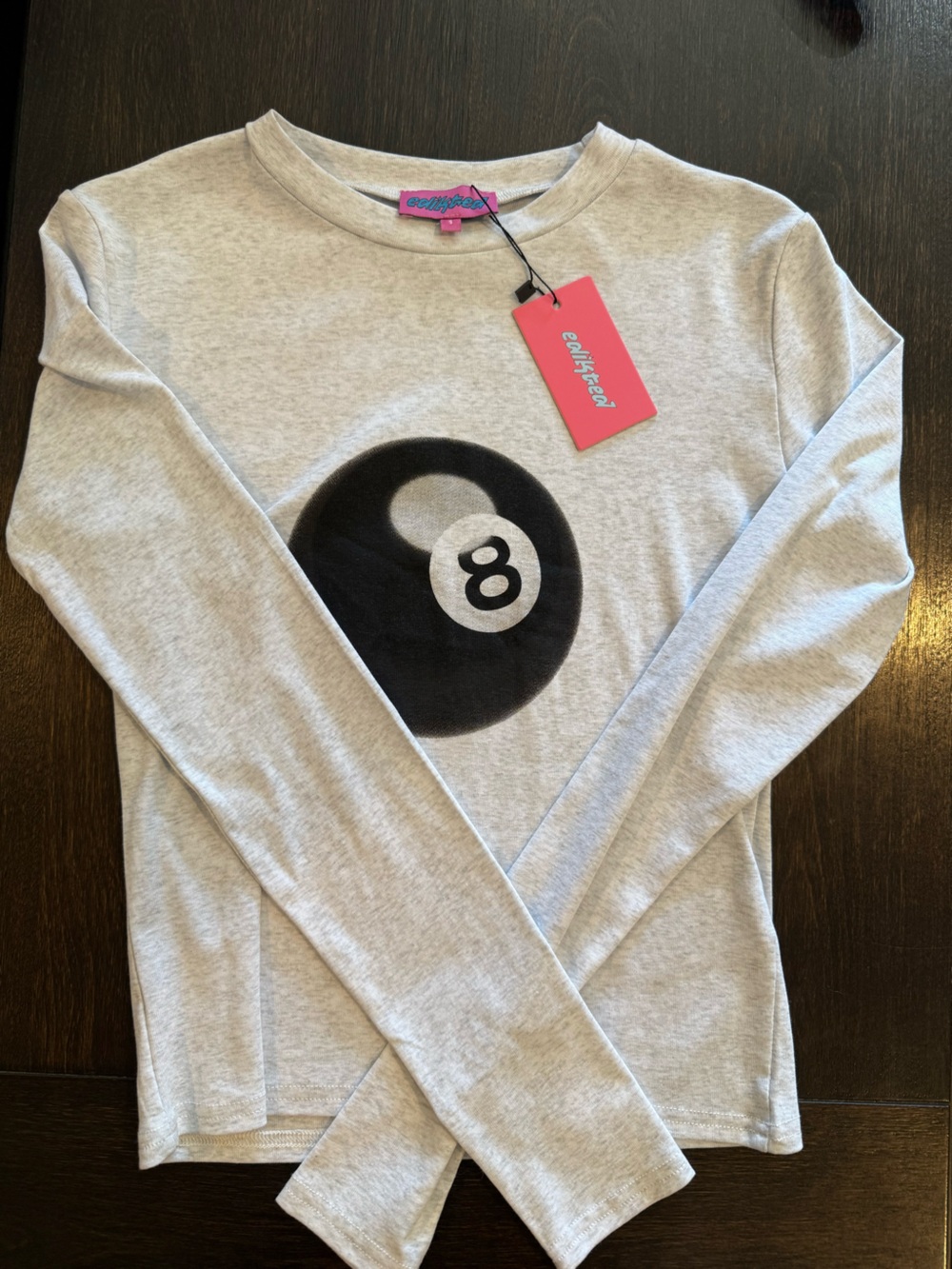 Edikted Light Gray Long Sleeve Tee with Black 8-Ball Graphic
